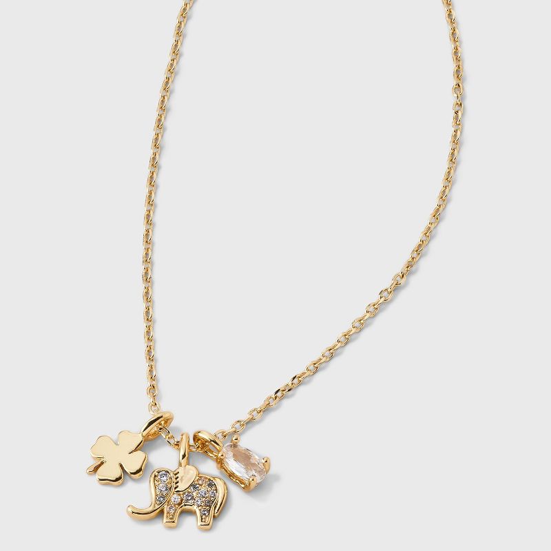 14K Gold Dipped Elephant Clover Charm Pendant Necklace - Gold