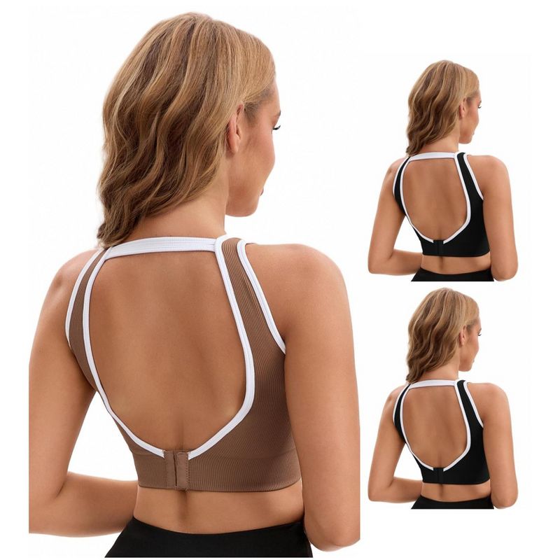 INSPIRE CHIC Women's 3 Pcs Open Back Workout Tank with Built-in Bras Contrast Color Crop Sports Vest 1 Brown & 2 Black Large
