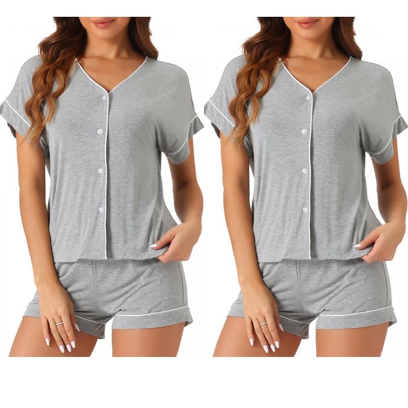 cheibear Women's Modal Button Up Short Sleeve T-shirt and Shorts Pajama Sets 2 Pcs Light Gray X-Large
