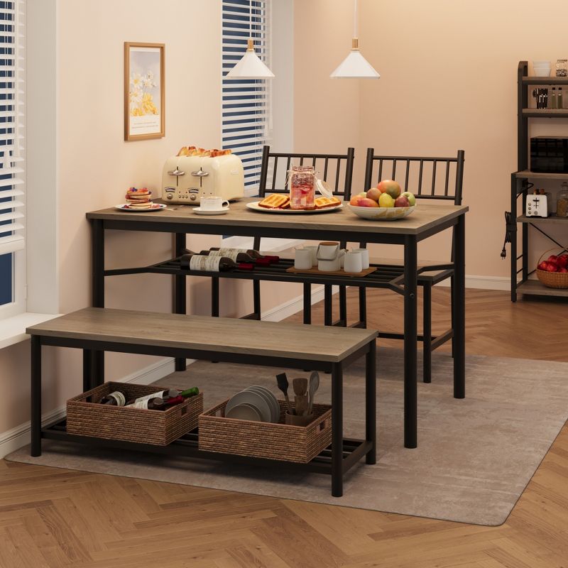 Kitchen Table with 2 Chairs and Bench, 4-Person Rectangular Dining Room Table Set with Wine Rack, Dining Table Set for 4 for Small Space, Rustic Grey