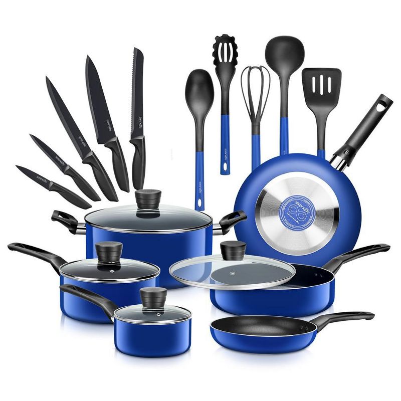 SereneLife 20 Piece Kitchenware Pots & Pans Set – Basic Kitchen Cookware, Black Non-Stick Coating Inside, Heat Resistant Lacquer (Blue)