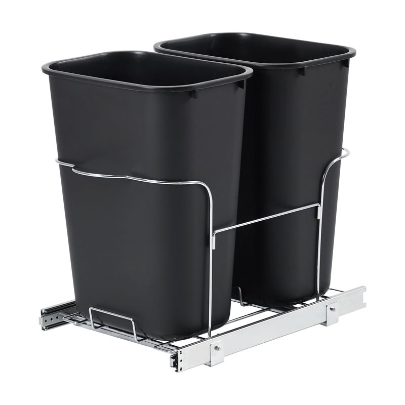 2x25 QT Pull Out Trash Can Under Cabinet, Quiet Steel Slides, Space Saving Waste Container Recycle Bin, for Kitchen, Black(W/0 Damping), Handle style