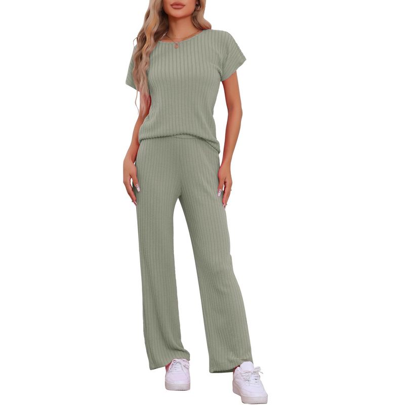 cheibear Women's Ribbed Knit Short Sleeve Round Neck Sweatsuit with Pants 2 Piece Pajama Set Green X-Small
