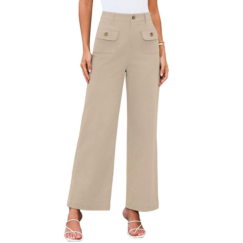 Womens Work Pants High Waisted Business Wide Leg Business Casual Outfits Office Dress Front Pocket Pant Trousers Beige XL