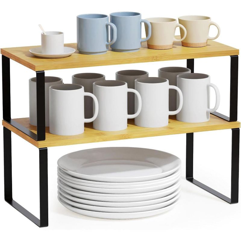 2-Pack Kitchen Cabinet Shelf Racks, Expandable Spice Rack for Pantry & Cupboard Storage, Black & Natural (Long)-SpaceAid