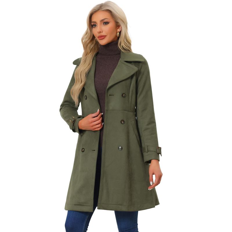 Allegra K Women's Faux Suede Notched Lapel Strap Cuff Solid Double Breasted Tie Belt Trench Coat Army Green Small