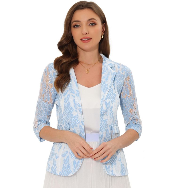 INSPIRE CHIC Women's Bussiness Casual Blazers Floral Lace 3/4 Sleeve Single Button Elegant Blazer Suits Blue Small