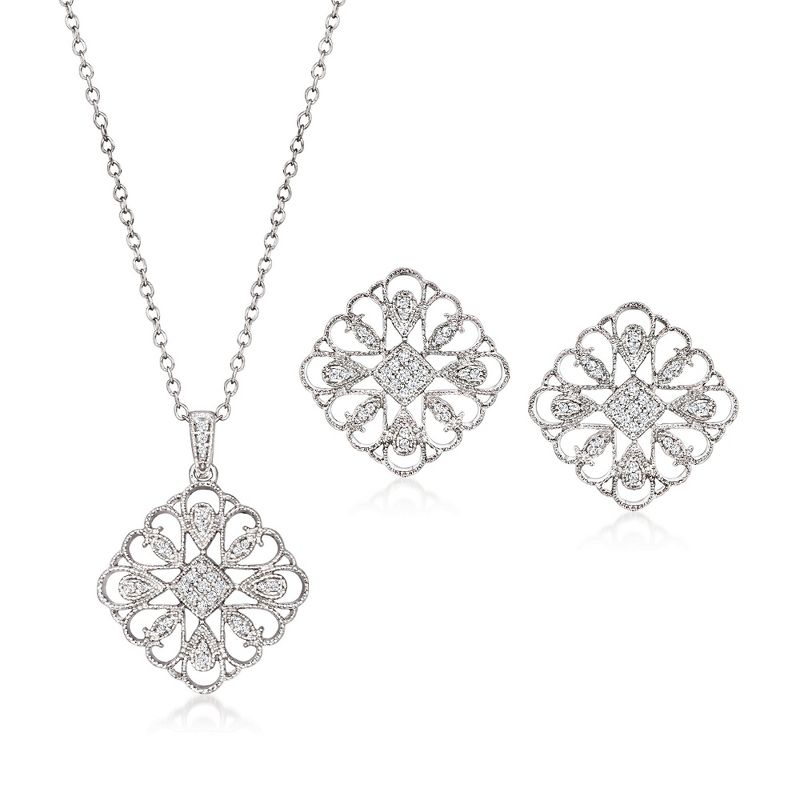 Ross-Simons 0.25 ct. t.w. Diamond Jewelry Set: Geometric Floral Pendant Necklace and Earrings in Sterling Silver Size 18