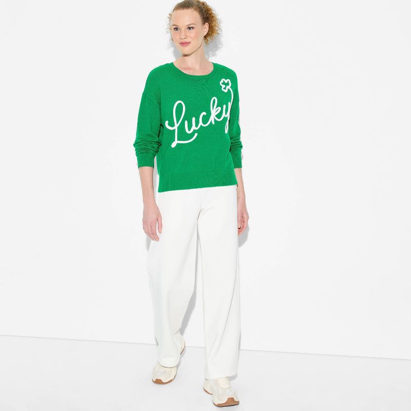 Women's Lucky Graphic Pullover Sweater - Green XS