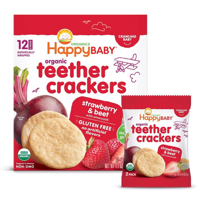 Happy Baby Organic Teether Crackers Strawberry & Beet Baby Snacks - 12ct/1.68oz