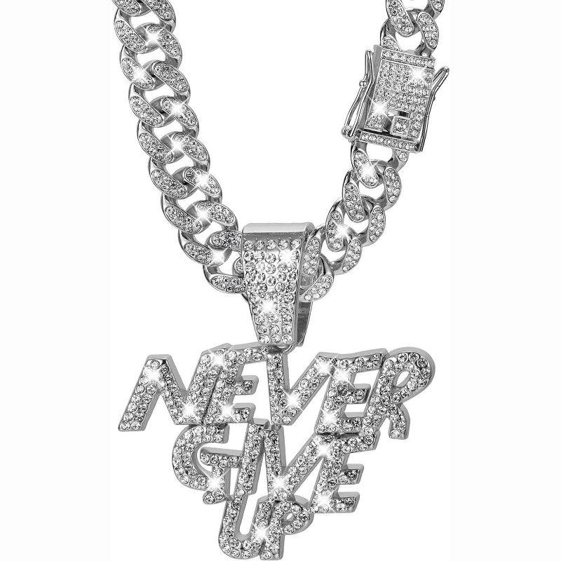 Hip Hop Cuban Chain for Men - NEVER GIVE UP Rhinestone Pendant Necklace