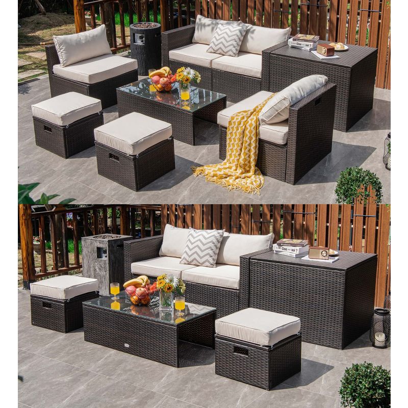 Costway 8PCS Patio Rattan Furniture Set Space-Saving Storage Cushion Off White cover