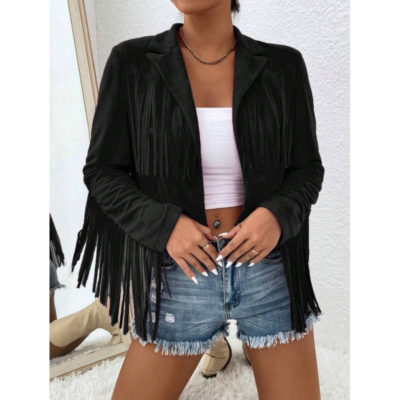 Coolmee Women's Faux Suede Leather Tassel Jackets Cropped Fringe Coats For Women Spring Fall Fashion jacket Black M