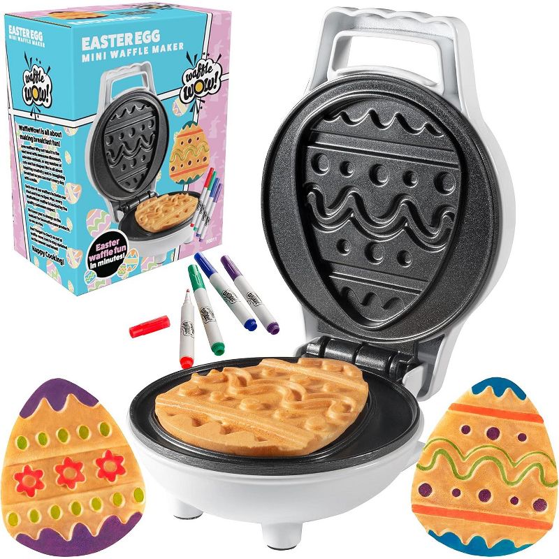 Mini Easter Egg Waffle Maker- Make Breakfast Special w Cute Waffler Iron- Ready to Decorate Set Includes 4 Edible Food Markers w Recipe Guide