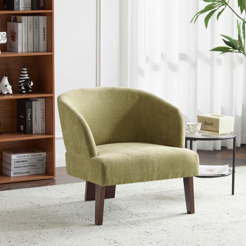 PAGED Modern Accent Chair, Arm Chair with Round Back and Wood Legs, Upholstered Reading Chair for Bedroom, Living Room Furniture, Green