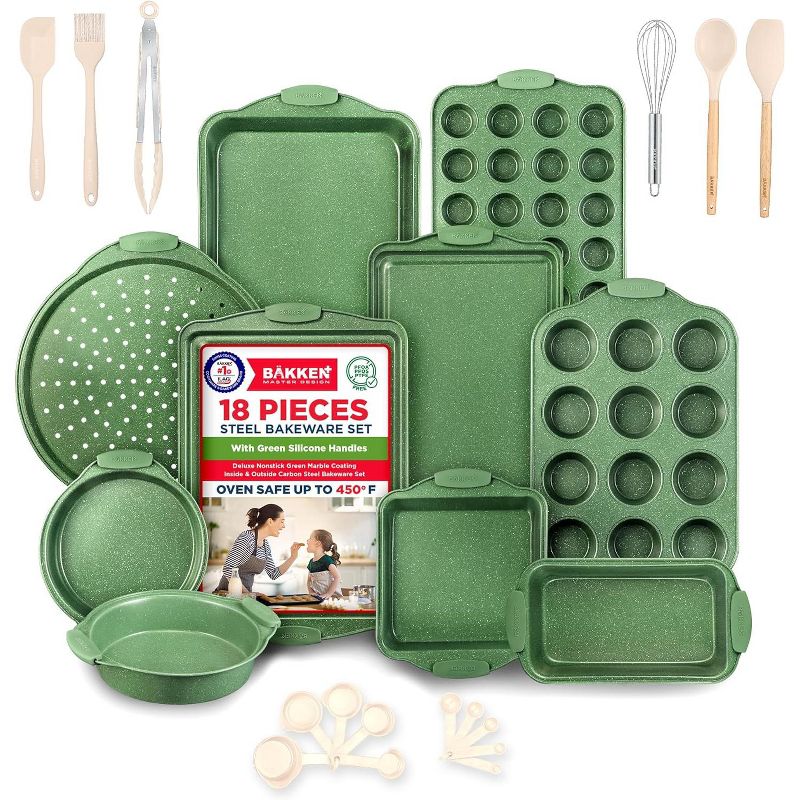 BAKKEN Kitchen Baking Pan Set - Nonstick Green Marble Coating, Carbon Steel Bakeware Sets, Oven Safe (Up To 450° F), Set of 18
