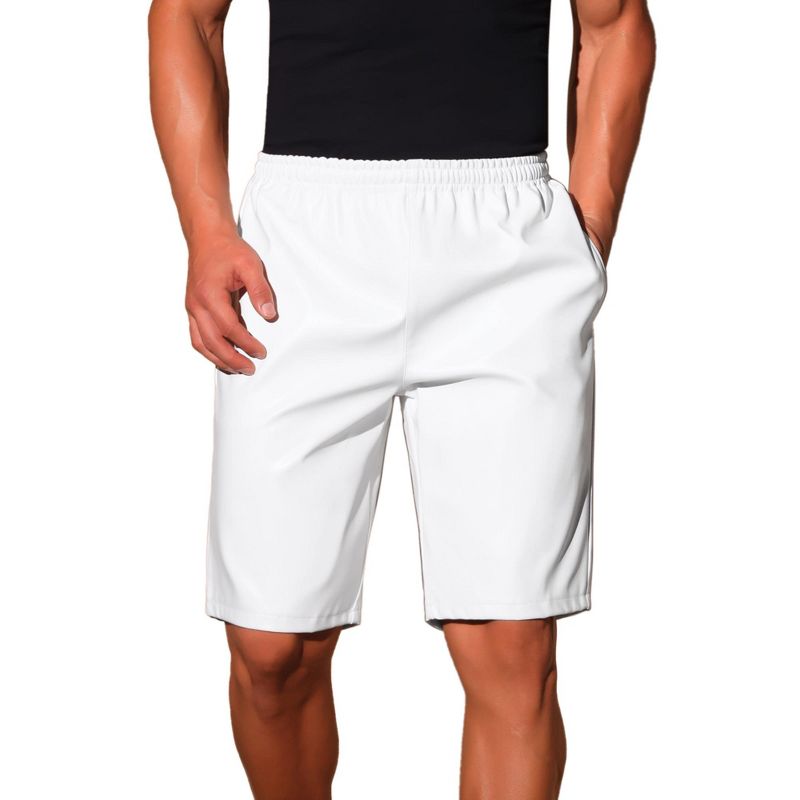 INSPIRE CHIC Men's Knee Length Elastic Waist Faux Leather Casual PU Shorts 32 White