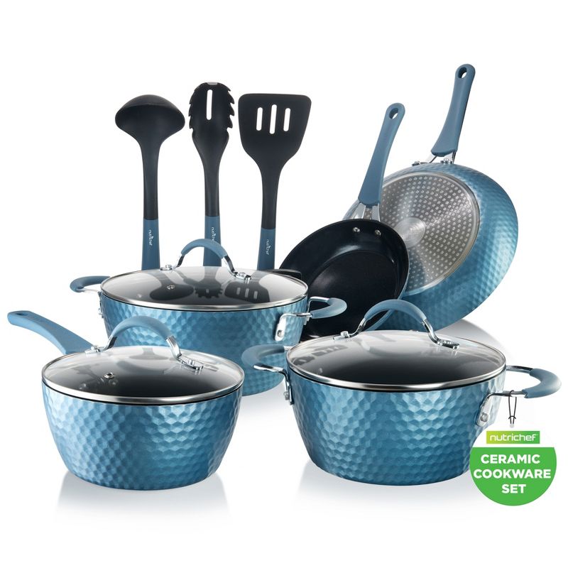 NutriChef 11-Piece Non-Stick Kitchen Cookware Set - Elegant Diamond Pattern, Ceramic Coated Pots & Pans (Blue)