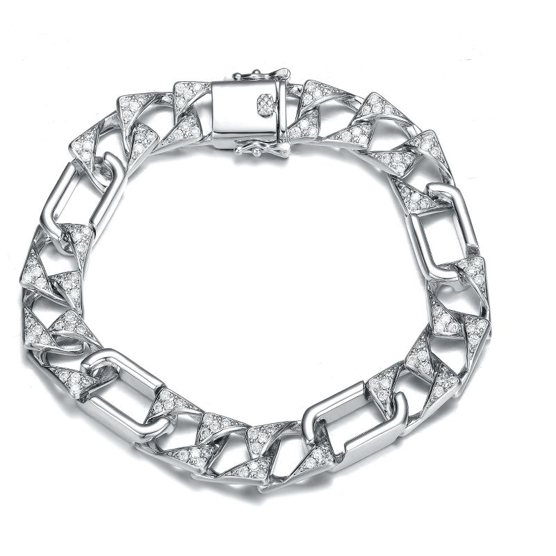 Guili Mens Rhodium Plated Sterling Silver Cuban Chain Bracelet with Iced Out Cubic Zirconia for a Bold and Stylish Look