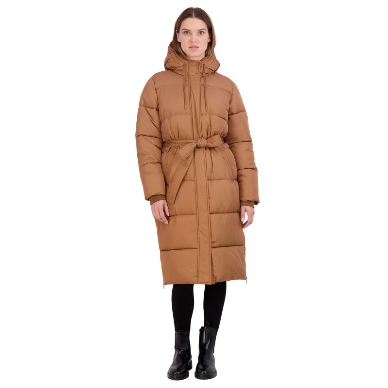 Women's Long Puffer Jacket Coat with Hood - S.E.B. By SEBBY Duck Brown Medium