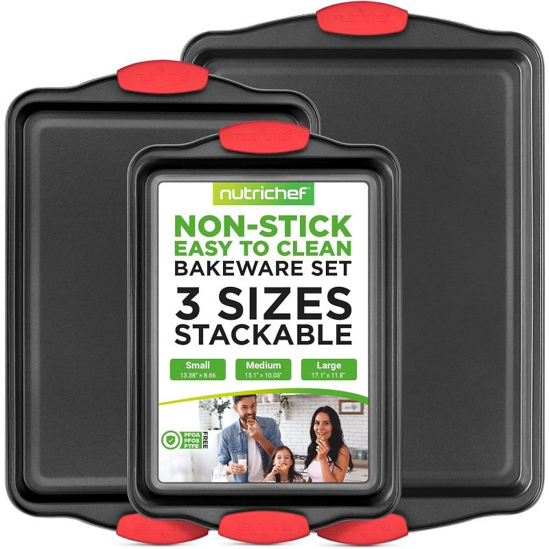 Nonstick Bakeware Set for Baking with Red Silicone Handles, Carbon Steel Construction, 3-Piece Set