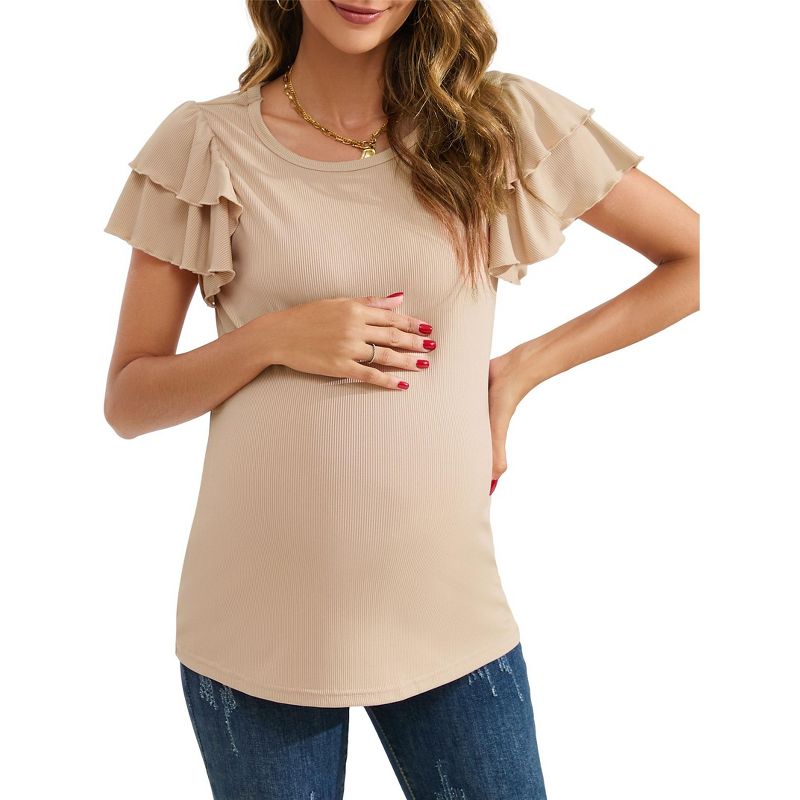 Coolmee Women's Maternity Shirts Nursing Tops Flying Short Sleeve Breastfeeding Tees Lightweight Side Ruched Pregnancy Clothes L Apricot
