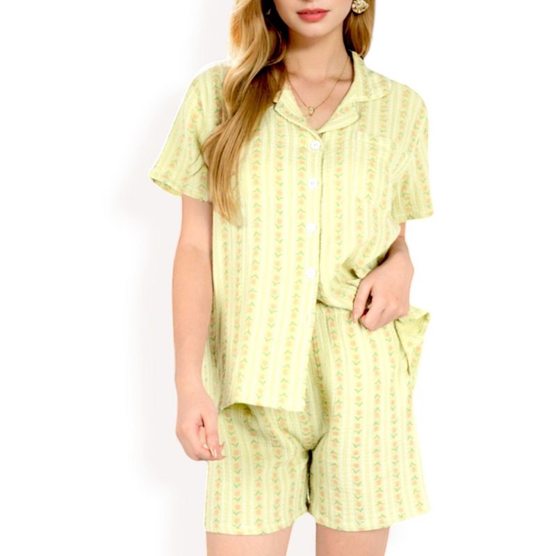 Anna-Kaci Lounge Women's Striped Print 2-Piece Pajama Set with Short Sleeve Button-Up Top and Relaxed Fit Shorts - Small, Green