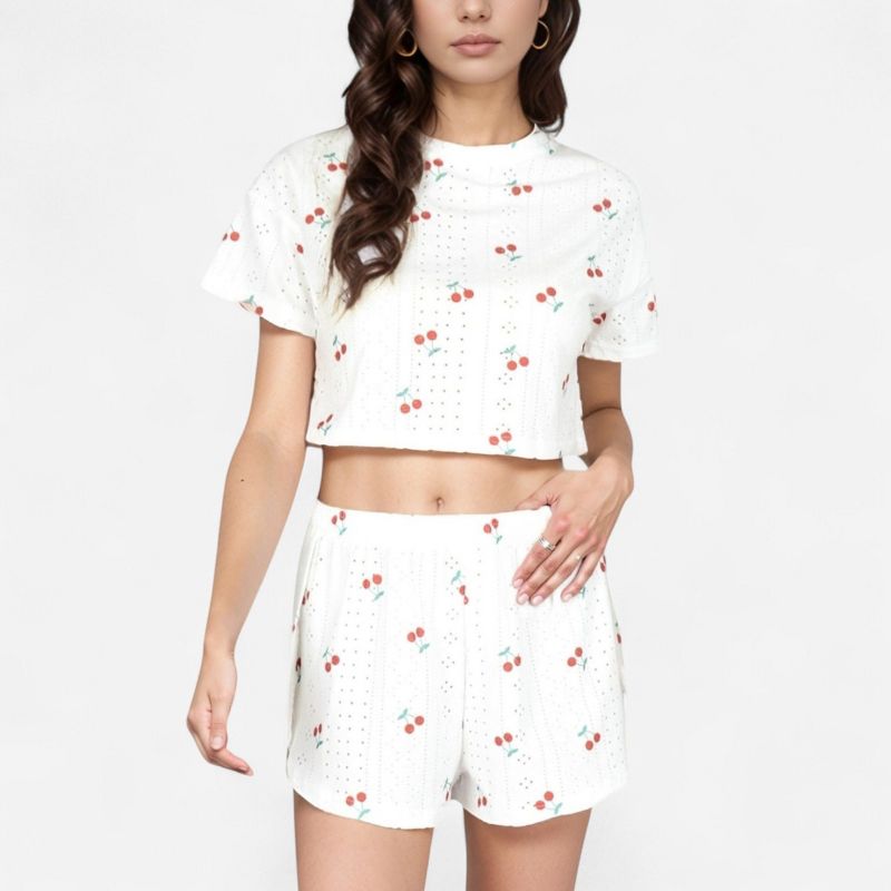 Anna-Kaci Lounge Women's Cherry Print Pajama Set with Cropped Short Sleeve Top and High Waist Relaxed Fit Lounge Shorts - Medium, White