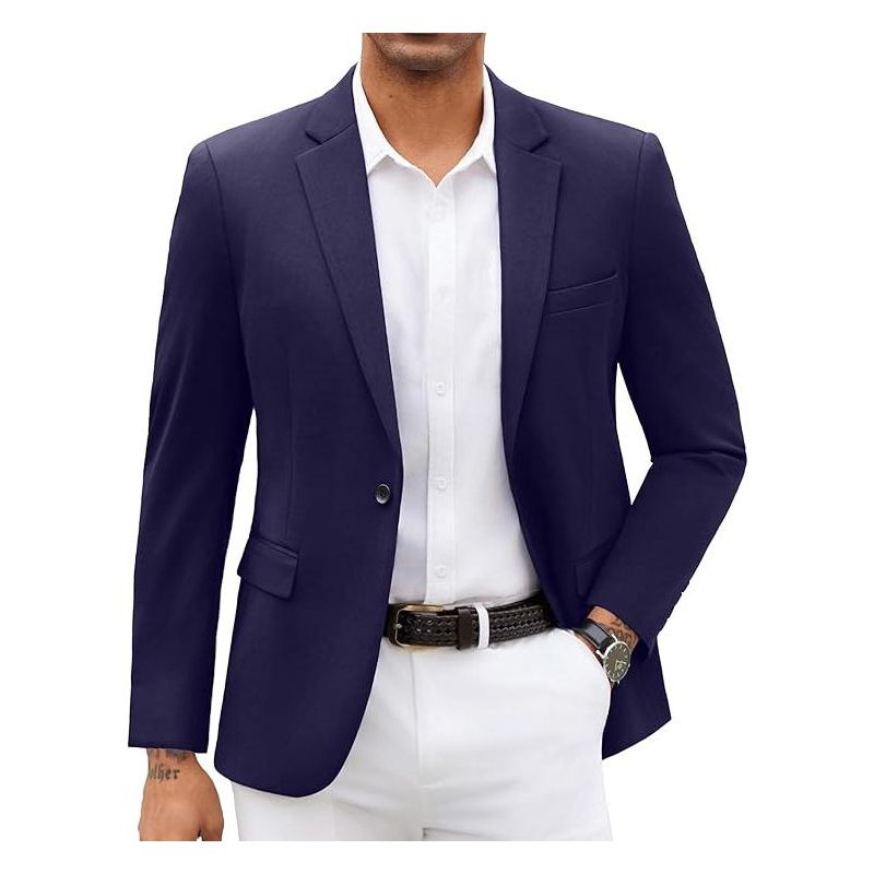 COOFANDY Mens Blazer Jacket One Button Casual Suit Jackets Stretch Knit Sport Coat Navy Blue L
