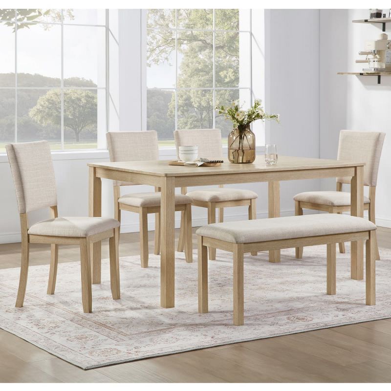 6-Piece Modern Wood Dining Table Set with Bench and 4 Upholstered Chairs, Modern Rectangular Kitchen Table Set for Dining Room - Panipeachy