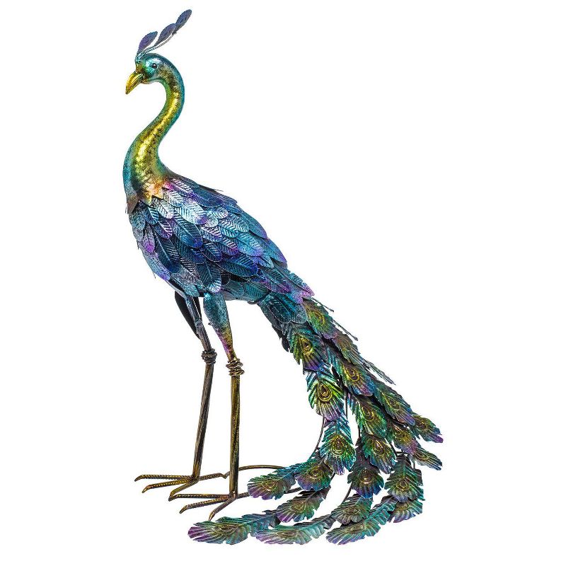 28" Metal Peacock Outdoor Decor With Glossy Finish Statue - Alpine Corporation: Garden Art, No Battery Required