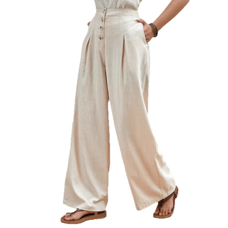 Coolmee Womens Linen Blend Wide Leg Pants Button All-Season Business Casual Outfits Dress Pants with Pockets XL Apricot