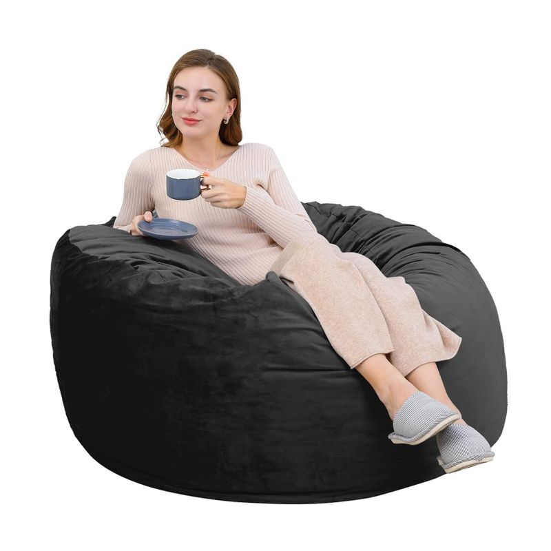 Giant Bean Bag Chair, 4FT Round Big Beanbag with Velvet Cover | Large Lounger for Living Room, Gaming Chair & Indoor Furniture, Black
