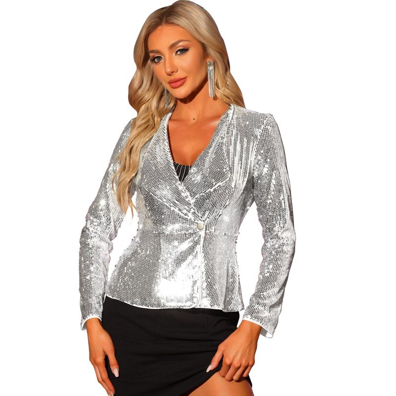INSPIRE CHIC Women's 1 Button Long Sleeve Party Sequin Sparkle Shawl Collar Jackets Silver Medium