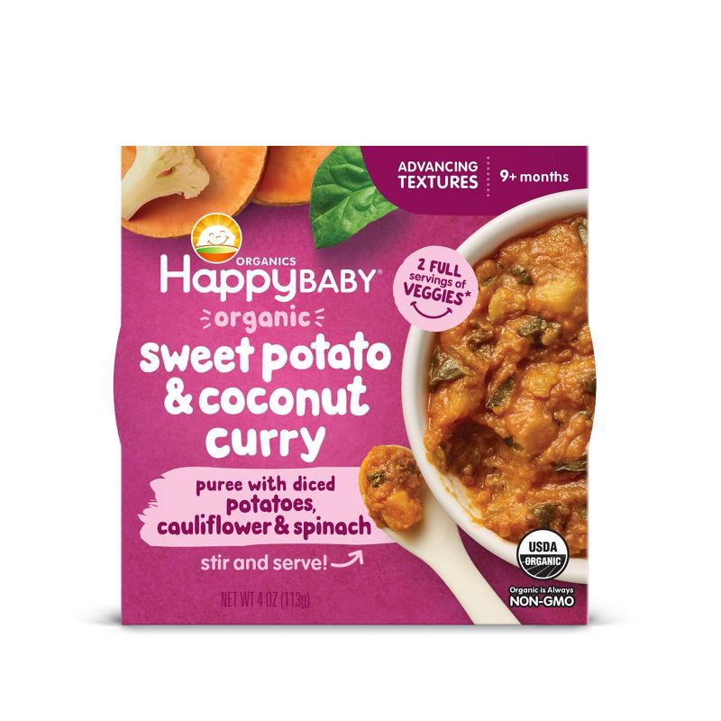 Happy Baby Organic Sweet Potato & Coconut Curry Puree with Diced Potatoes, Cauliflower & Spinach Baby Food Bowl - 4oz