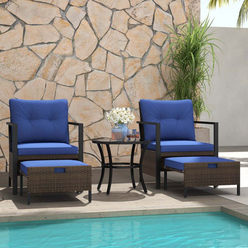 Costway 5 PCS Outdoor Furniture Set Rattan Chairs & Ottomans with Glass Topped Coffee Table Navy