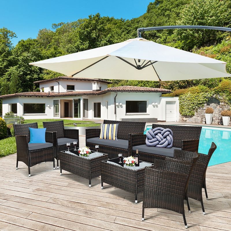 Costway 8PCS Rattan Patio Furniture Set Cushioned Sofa Chair Grey