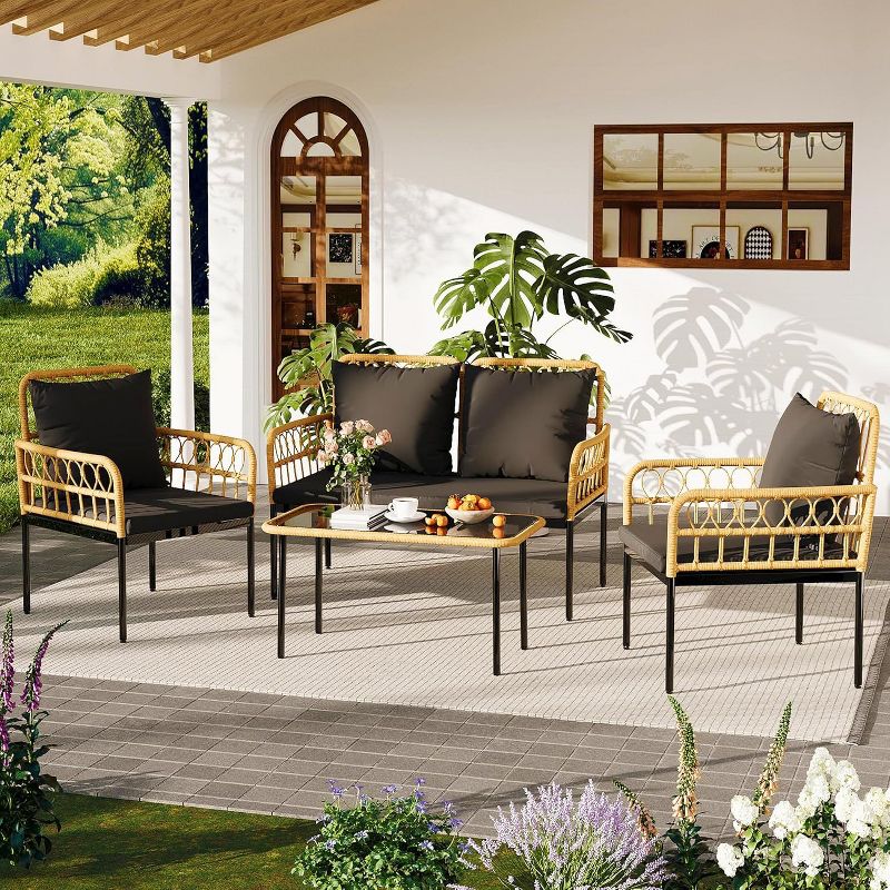 Acekool 4-Piece Outdoor Patio Set with Loveseat, Armchairs & Glass Coffee Table, Boho Rattan Conversation Set for Backyard, Porch, Balcony, Black