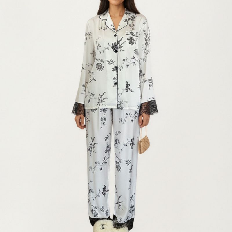 Anna-Kaci Lounge Women's Satin Pajama Set with Floral Print and Lace Trim Cuffs and Hem - Small, Black