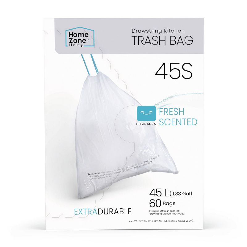 Home Zone Living Code 45S Drawstring Kitchen Trash Bags Custom Fit for 12 Gallon Bins, 60-Count