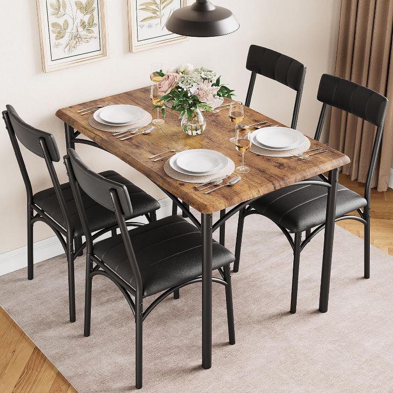 5-Piece Dining Table Set for 4, Rectangular Kitchen Table with Upholstered Chairs, Dining Set for Small Space & Apartment, Retro Brown