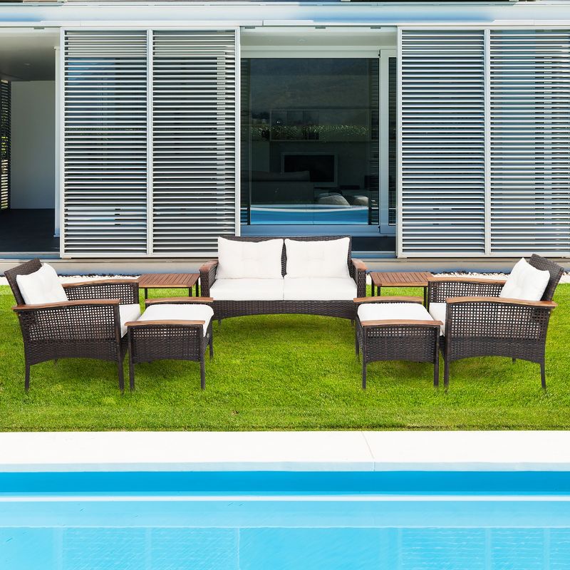 Costway 7PCS Patio Rattan Furniture Set Cushioned Loveseat Sofa Ottoman Table