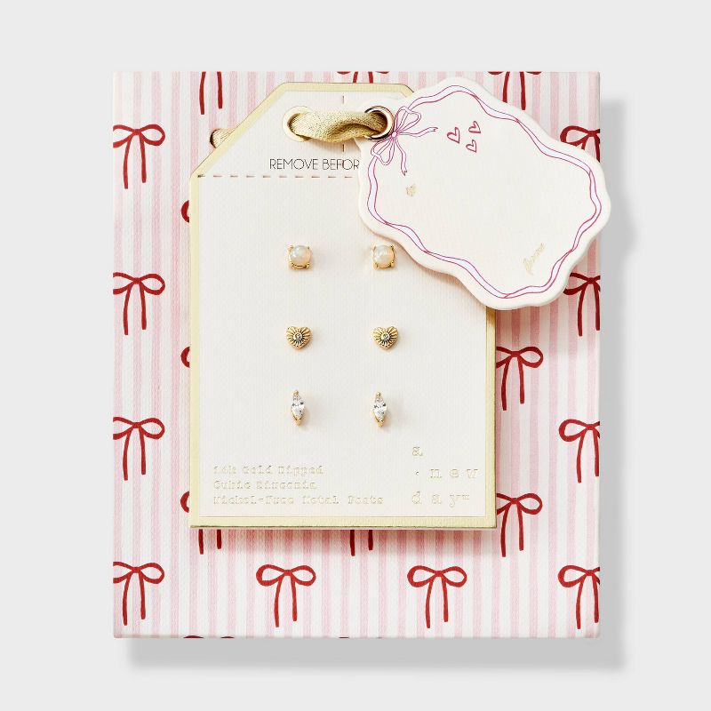 14k Gold Dipped Valentines 3pc Earring Set Opal Bead, Textured Heart and CZ Marquise Studs - A New Day™