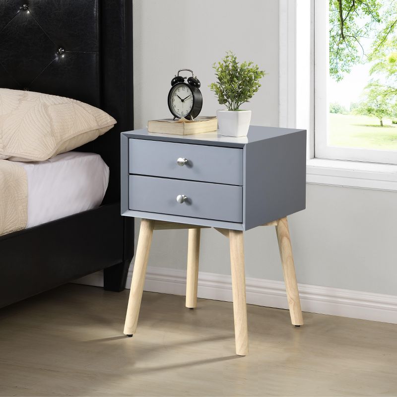 MAYEERTY Bedside Table with 2 Drawers and Rubber Wood Legs Modern Storage Cabinet for Bedroom Living Room Gray