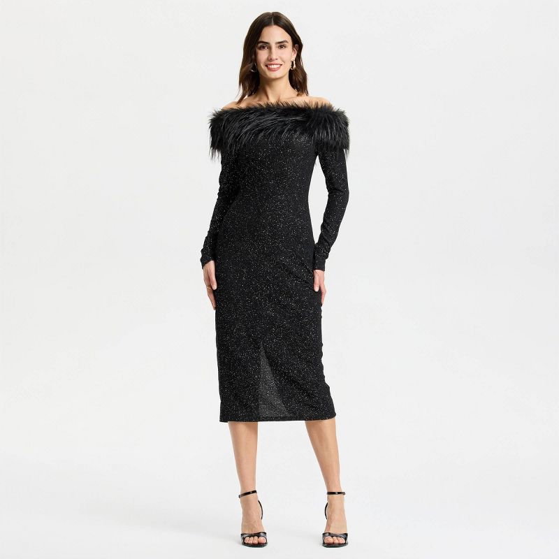 Women's Long Sleeve Faux Fur Off the Shoulder Midi Dress - A New Day™ Black S
