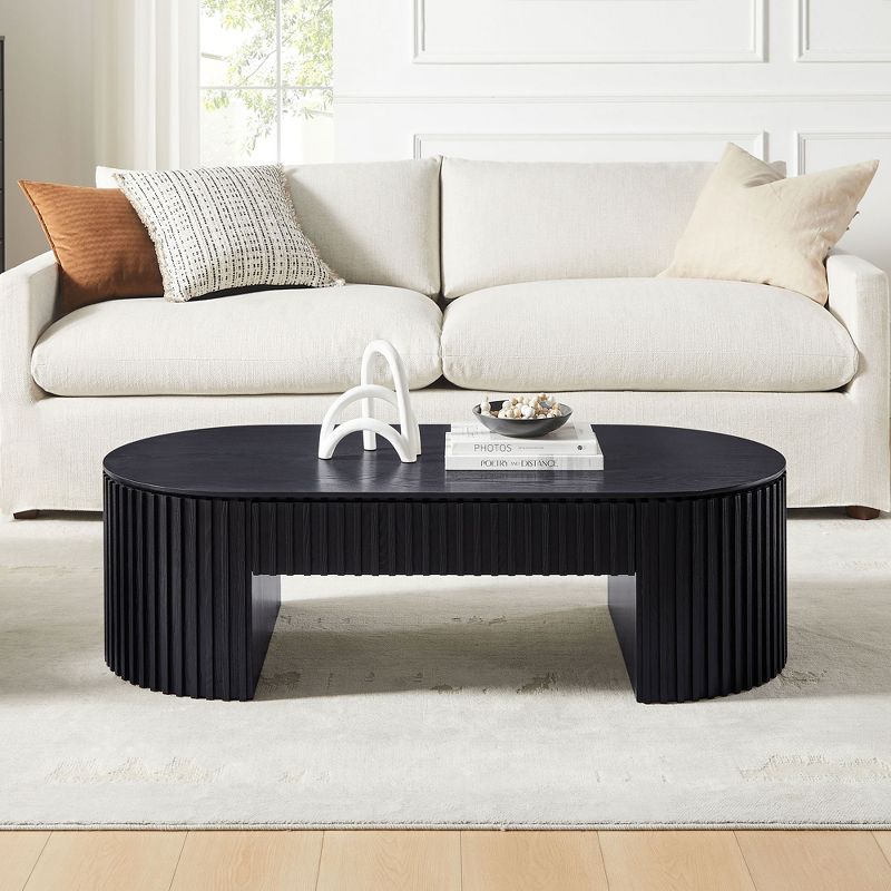 LOVSON 51.18'' Oval Wood Coffee Table With Drawer Mid Century Modern Coffee Table Unique Coffee Table for Living Room Furniture, Tea Table BLACK