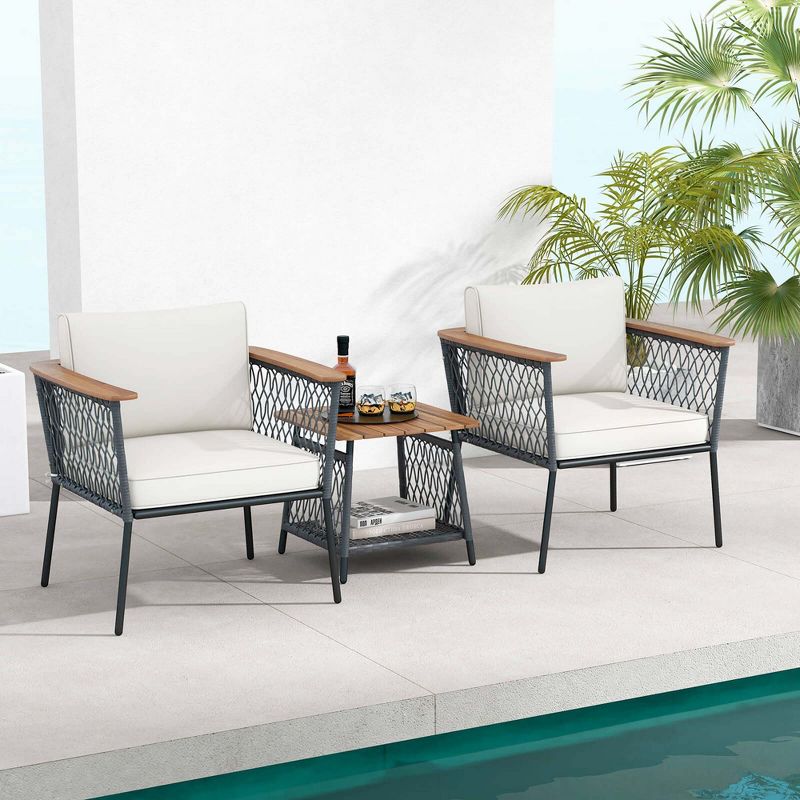 Costway 3 PCS Patio Furniture Set with 2-Tier Coffee Table Acacia Wood Armrests Tabletop