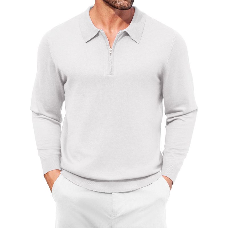 COOFANDY Mens Knit Polo Shirt Quarter Zip Slim Fit Pullover Long Sleeve Sweater Polo White S