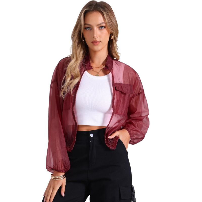 INSPIRE CHIC Women's Zip-Up Long Sleeve See-Through Bomber Jacket Large Wine Red