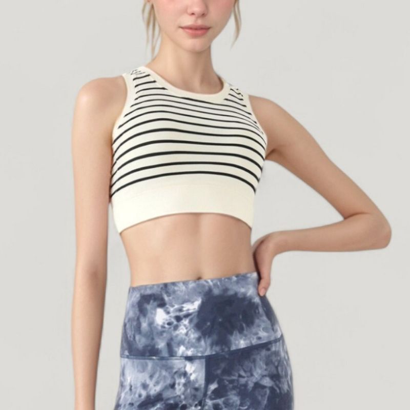 Anna-Kaci Active Women's Striped Sleeveless Crop Top with Fitted Hem and Round Neckline - Small, Black